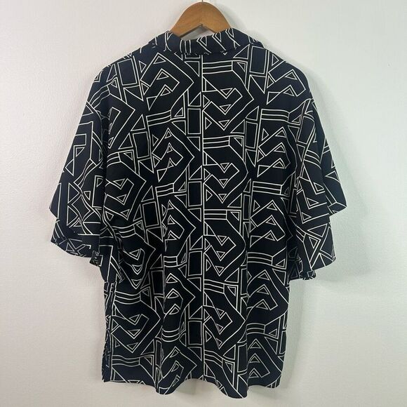 Lauren Ralph Lauren Size L Black White Geometric Print Button Front SL Top - Picture 10 of 13